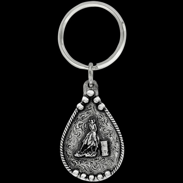 Barrel Racing Keychain, Hot new Barrel Racing bling! This keychain includes a beautiful rope border, a 3D Barrel Racer figure, and a key ring attachment. Each silver key chain is 